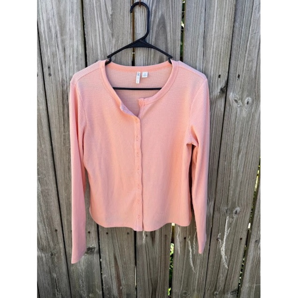 Coquette Soft Girl Cato Waffle Knit Top Small Peach Button Front Thermal